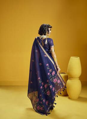 Navy blue munga cotton blend handloom weaving casual wear saree 2