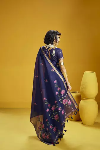 Navy blue munga cotton blend handloom weaving casual wear saree