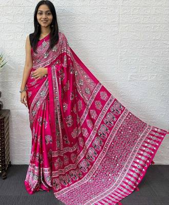 Magenta ajrak block mirror work bandhani saree 3