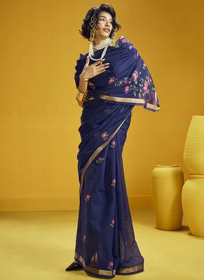Navy blue munga cotton blend handloom weaving casual wear saree 3