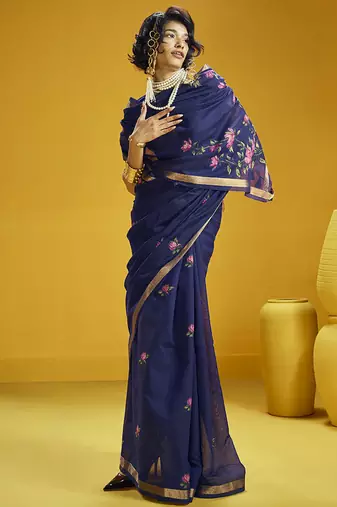 Navy blue munga cotton blend handloom weaving casual wear saree