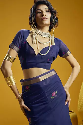 Navy blue munga cotton blend handloom weaving casual wear saree