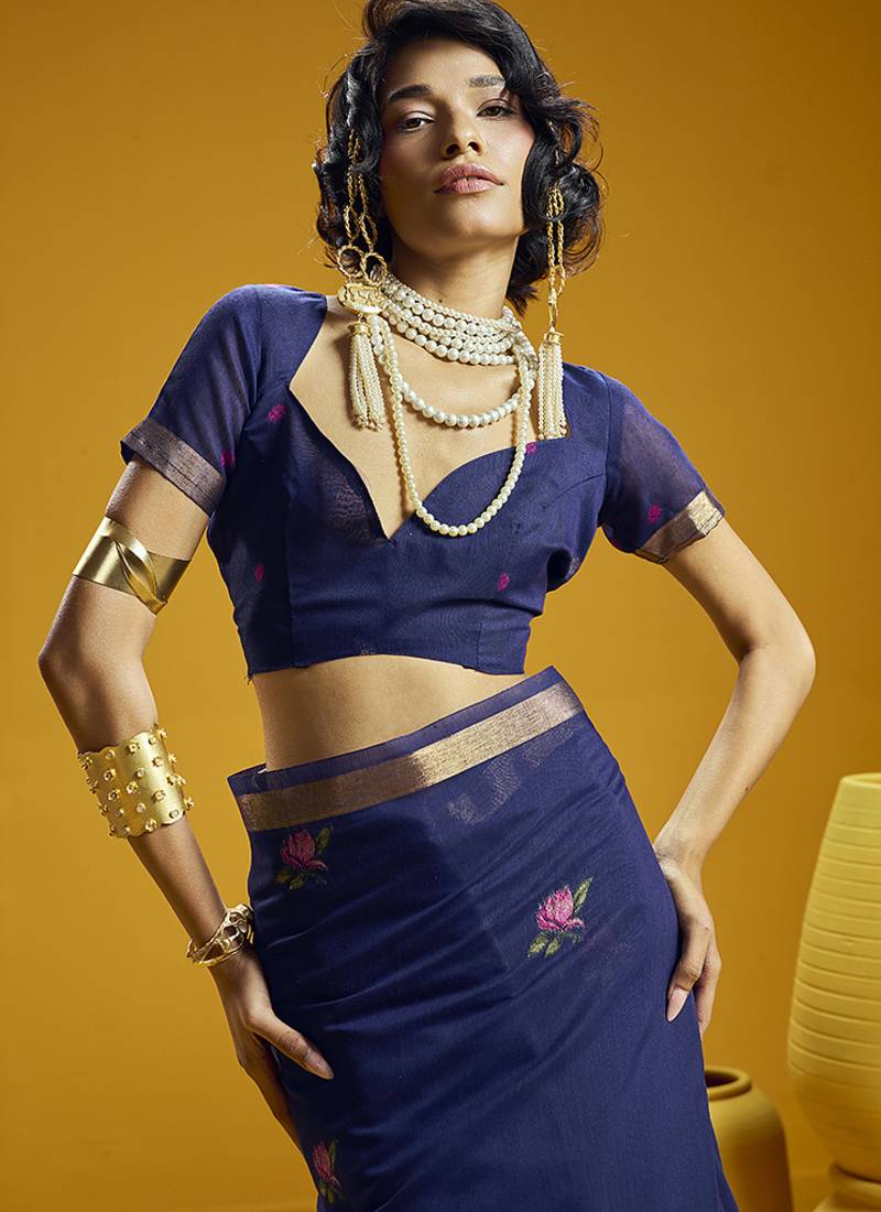 Navy blue munga cotton blend handloom weaving casual wear saree