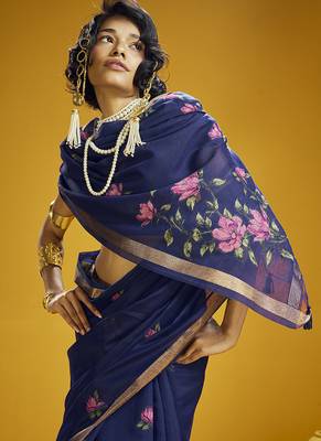 Navy blue munga cotton blend handloom weaving casual wear saree 5