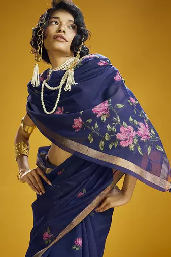 Navy blue munga cotton blend handloom weaving casual wear saree