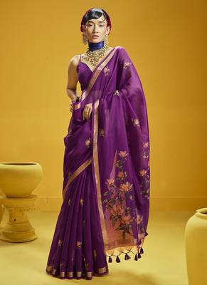 Purple munga cotton blend handloom weaving casual wear saree 1