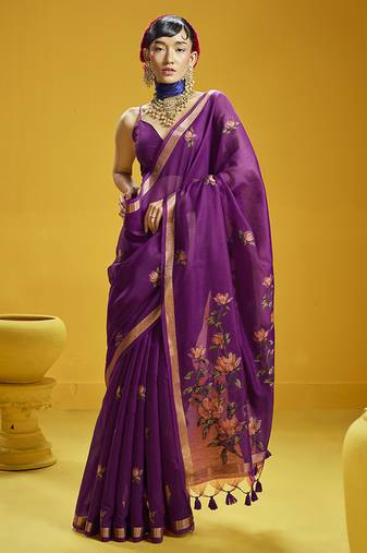Purple munga cotton blend handloom weaving casual wear saree