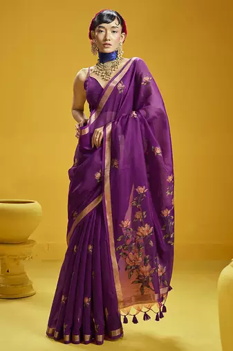 Purple munga cotton blend handloom weaving casual wear saree
