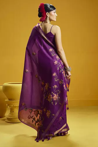 Purple munga cotton blend handloom weaving casual wear saree