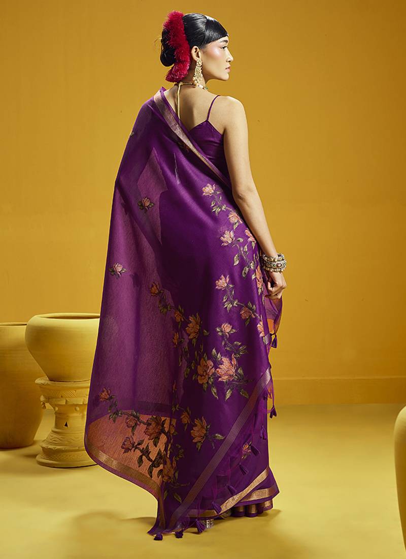 Purple munga cotton blend handloom weaving casual wear saree