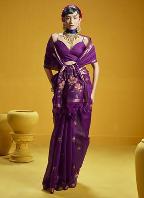 Purple munga cotton blend handloom weaving casual wear saree 3