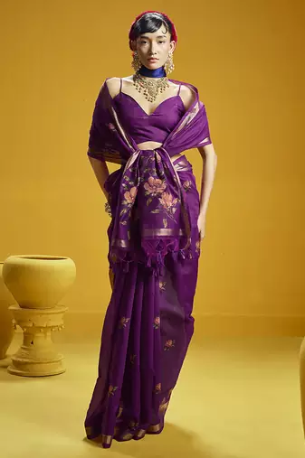 Purple munga cotton blend handloom weaving casual wear saree
