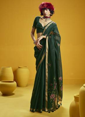 Green munga cotton blend handloom weaving casual wear saree 1