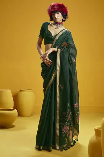 Green munga cotton blend handloom weaving casual wear saree