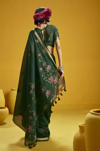 Green munga cotton blend handloom weaving casual wear saree