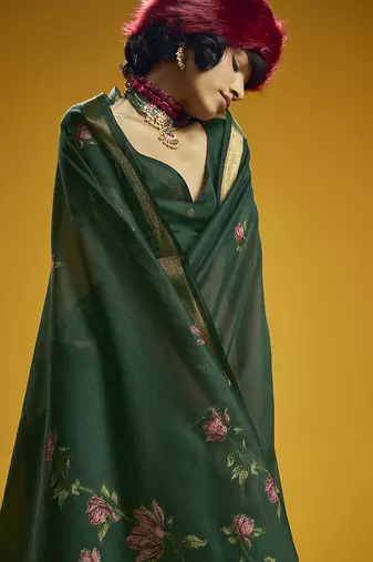 Green munga cotton blend handloom weaving casual wear saree