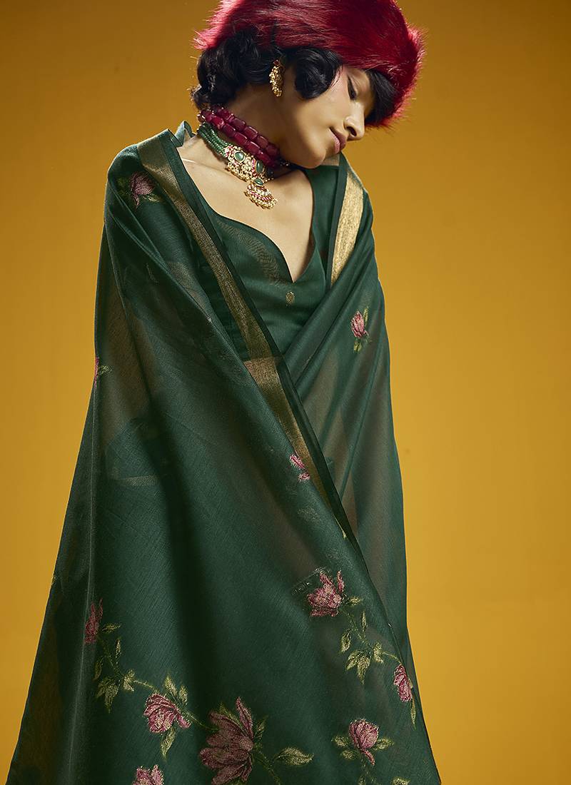 Green munga cotton blend handloom weaving casual wear saree