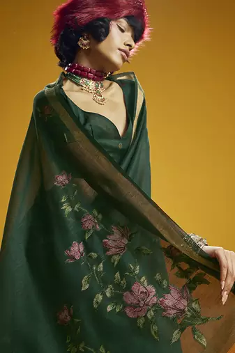 Green munga cotton blend handloom weaving casual wear saree