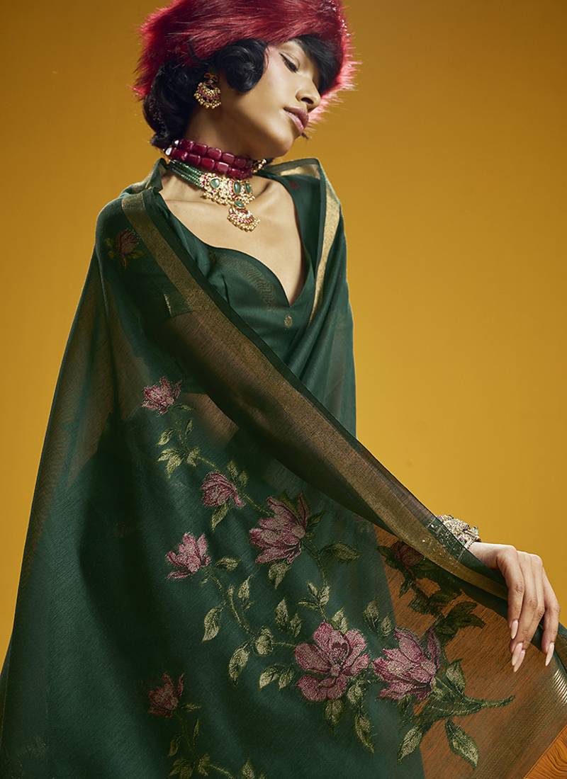 Green munga cotton blend handloom weaving casual wear saree
