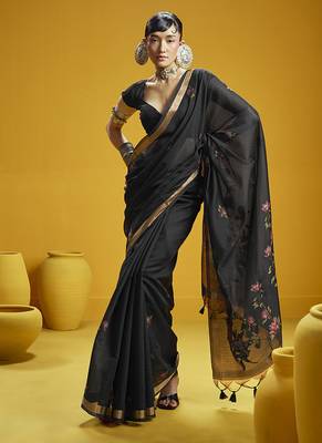 Black munga cotton blend handloom weaving casual wear saree 1