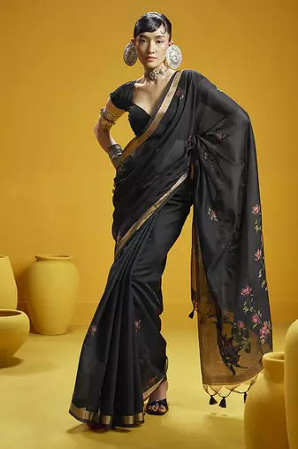Black munga cotton blend handloom weaving casual wear saree