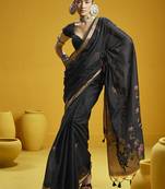 Black munga cotton blend handloom weaving casual wear saree