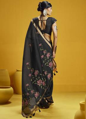 Black munga cotton blend handloom weaving casual wear saree 2