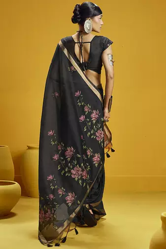 Black munga cotton blend handloom weaving casual wear saree