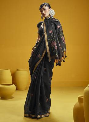 Black munga cotton blend handloom weaving casual wear saree 3