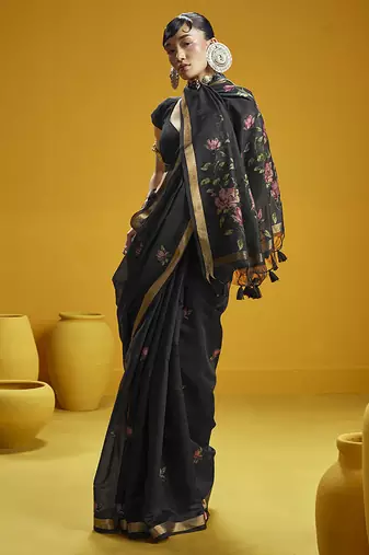 Black munga cotton blend handloom weaving casual wear saree