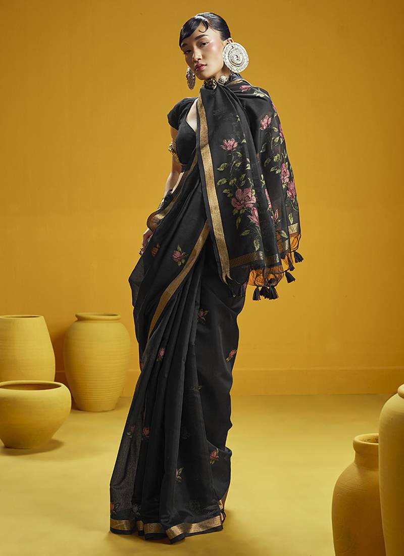 Black munga cotton blend handloom weaving casual wear saree