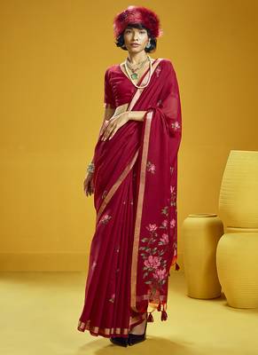 Red munga cotton blend handloom weaving casual wear saree 1