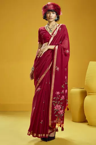 Red munga cotton blend handloom weaving casual wear saree