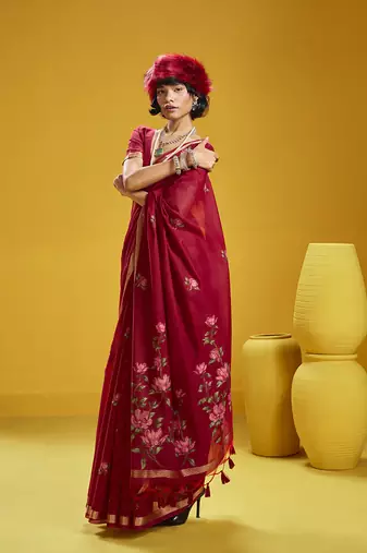 Red munga cotton blend handloom weaving casual wear saree