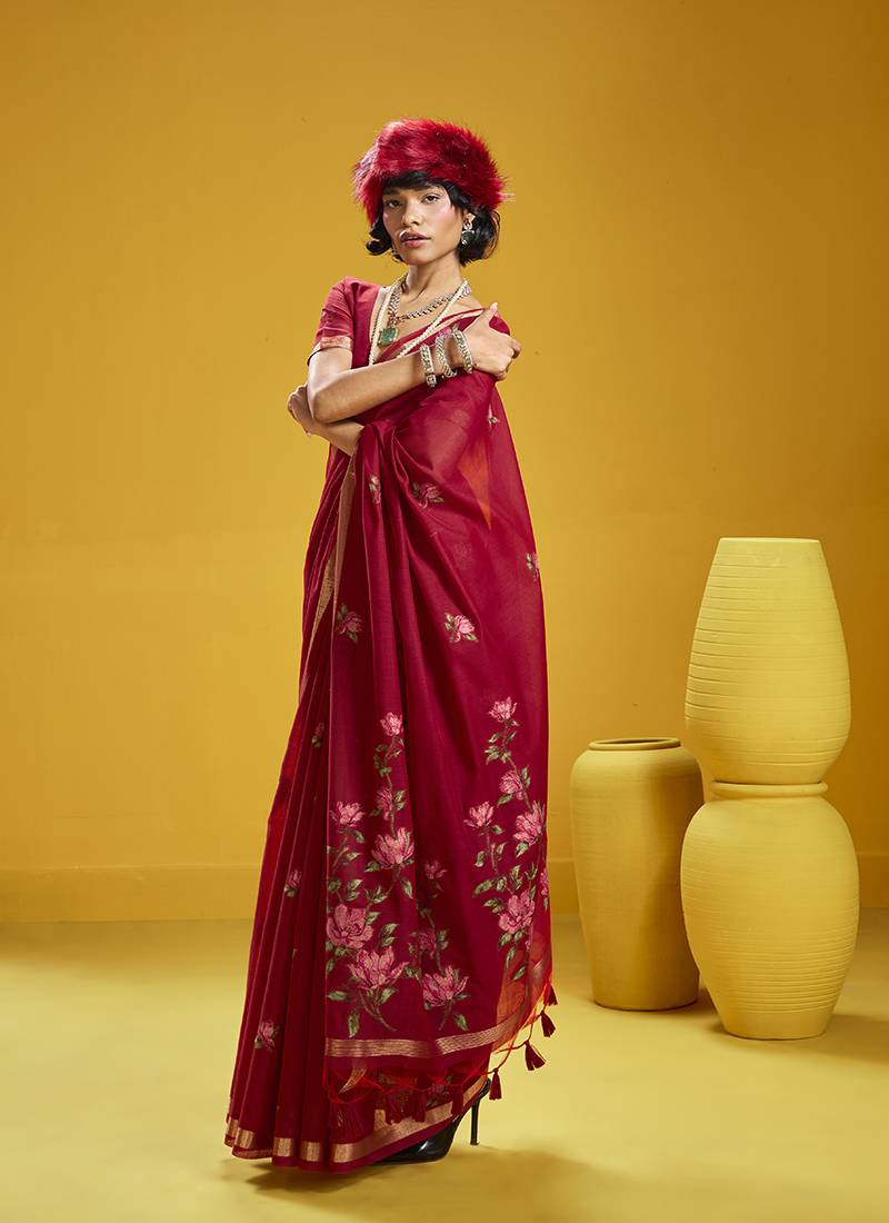 Red munga cotton blend handloom weaving casual wear saree