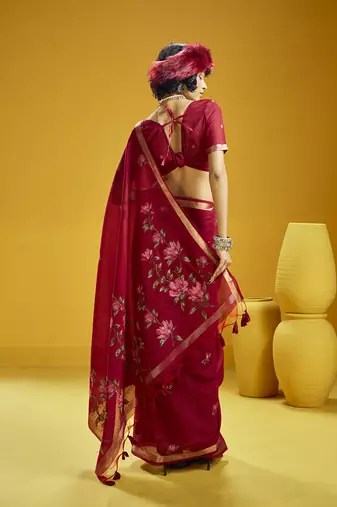 Red munga cotton blend handloom weaving casual wear saree