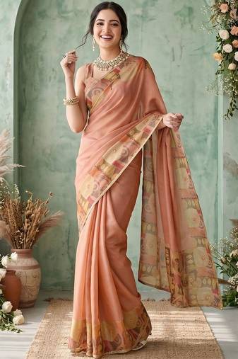 peach ethnic motifs aari work poly chiffon saree