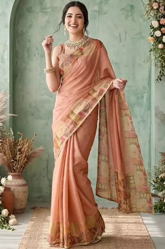 peach ethnic motifs aari work poly chiffon saree