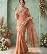 peach ethnic motifs aari work poly chiffon saree