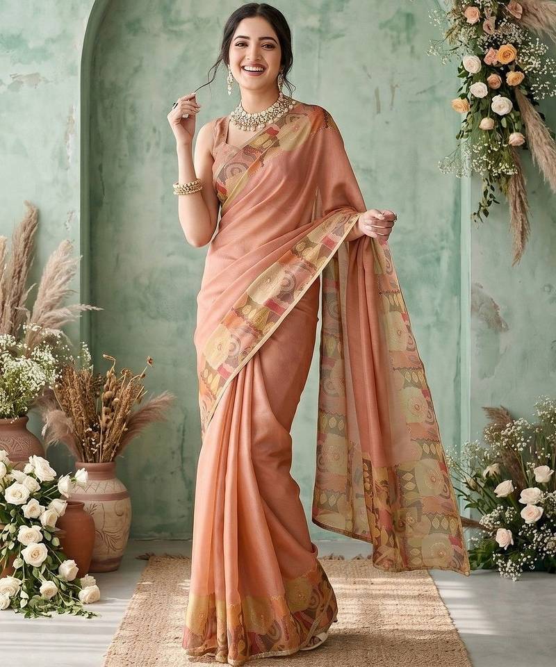 peach ethnic motifs aari work poly chiffon saree