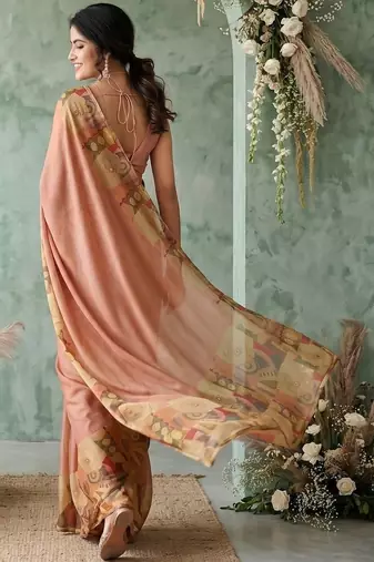 peach ethnic motifs aari work poly chiffon saree