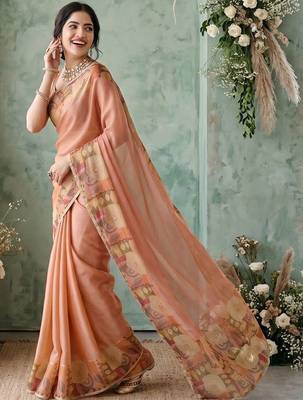 peach ethnic motifs aari work poly chiffon saree 3