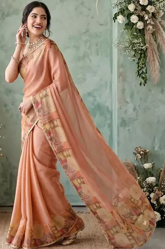 peach ethnic motifs aari work poly chiffon saree