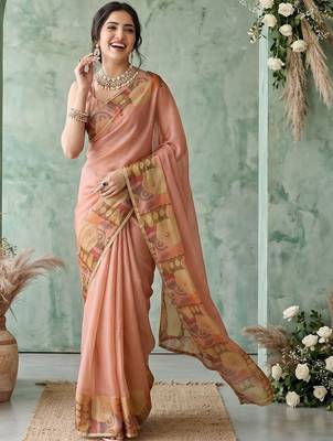 peach ethnic motifs aari work poly chiffon saree 5