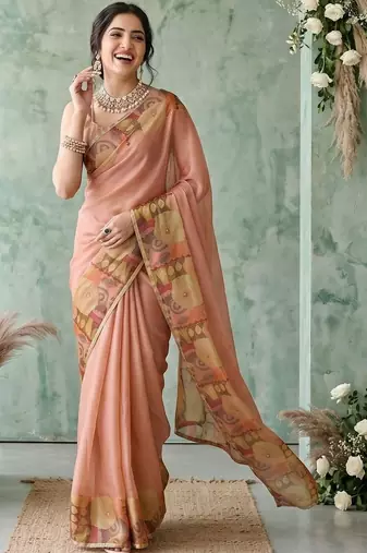 peach ethnic motifs aari work poly chiffon saree