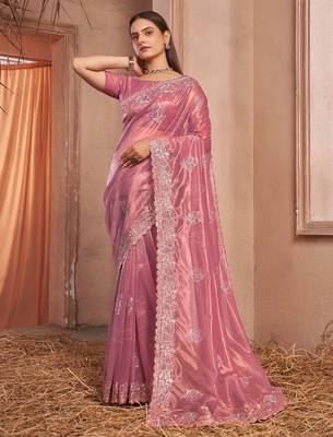 pink embellished embroidered organza saree 1