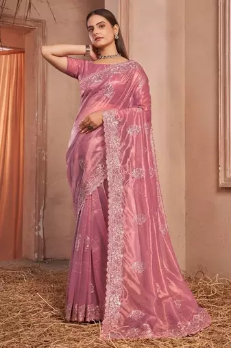 pink embellished embroidered organza saree