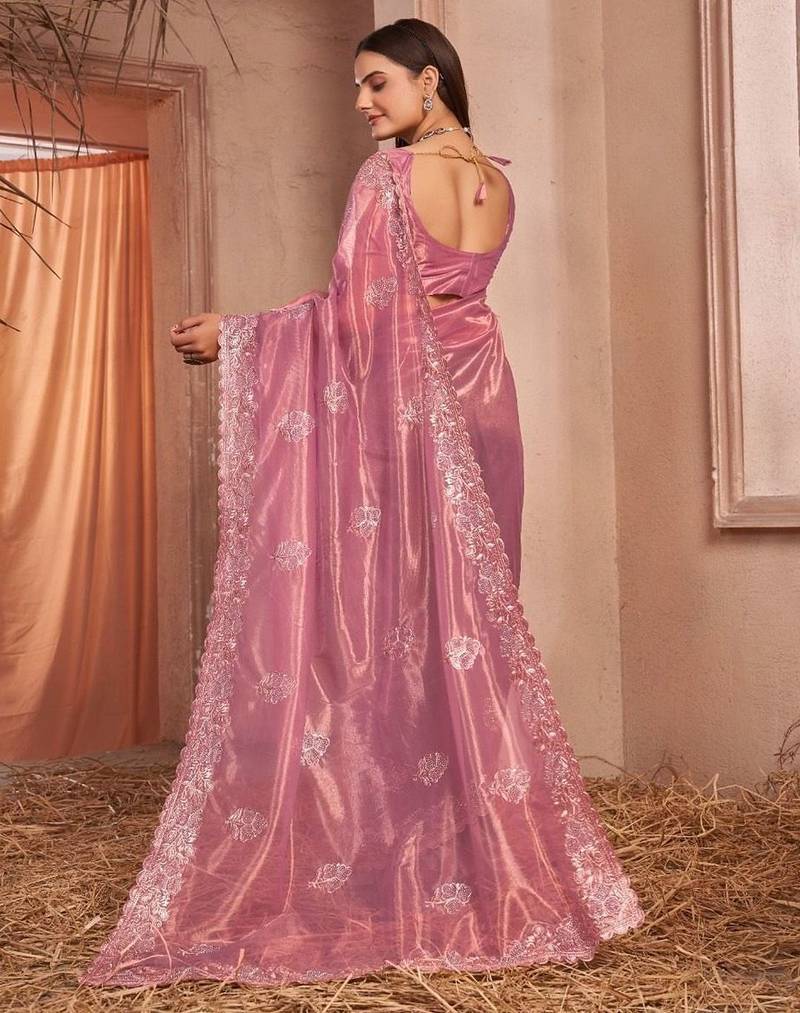 pink embellished embroidered organza saree