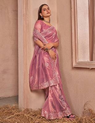 pink embellished embroidered organza saree 3