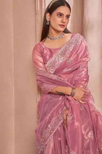 pink embellished embroidered organza saree